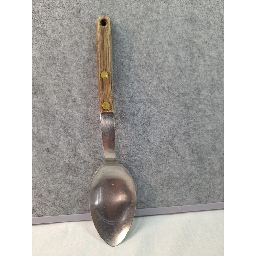 Vintage Stainless USA Serving Spoon Wood Grain Handle Brass Rivets 10.5 Inch